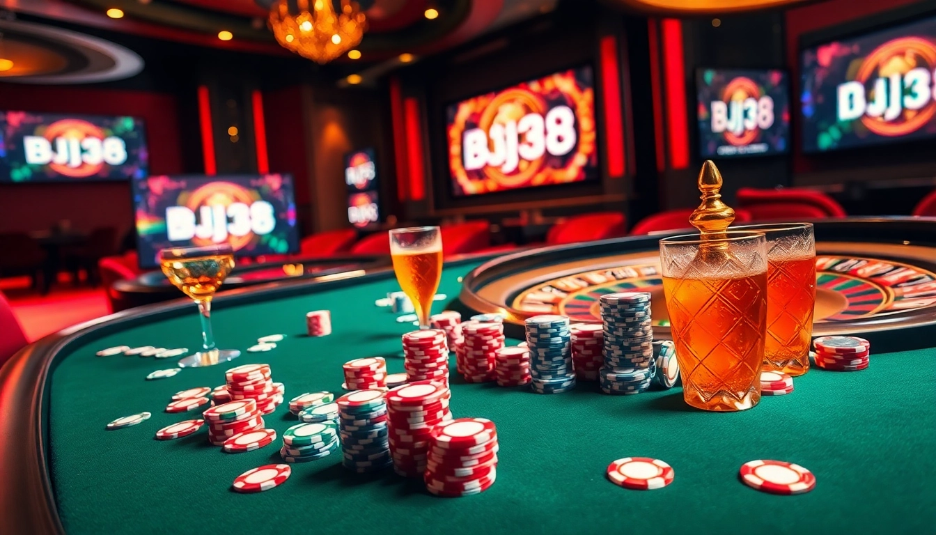 Experience the thrill of BJ38 at a luxurious casino with vibrant gaming tables and exciting live betting.
