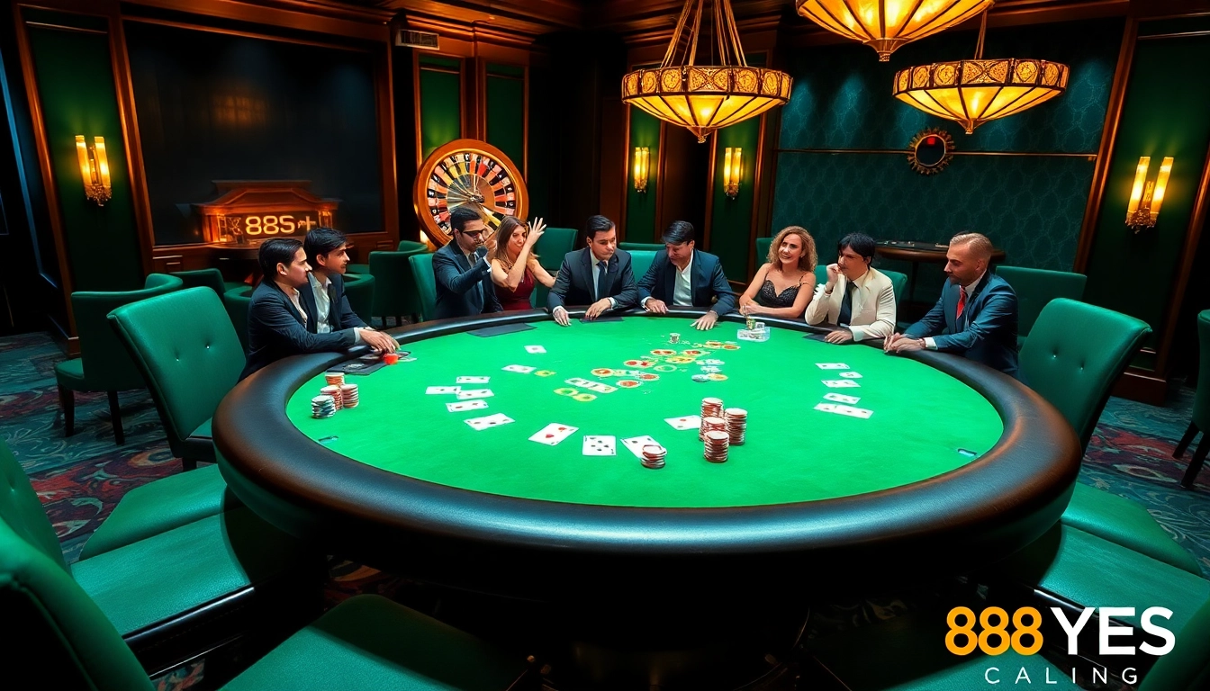 Players engaged in a thrilling poker game at 888YES casino, surrounded by vibrant chips and cards.