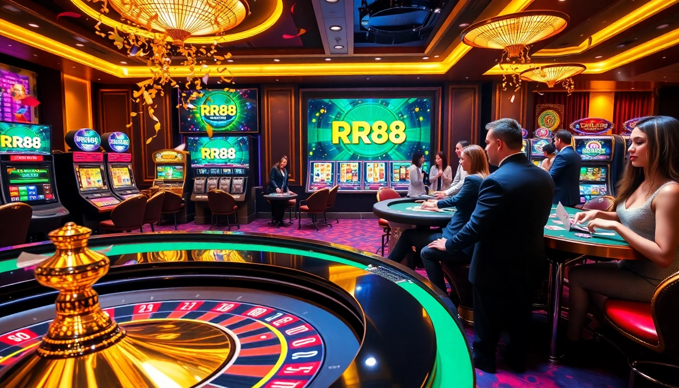 Players enjoying thrilling games at RR88 casino, surrounded by vibrant poker chips and roulette.
