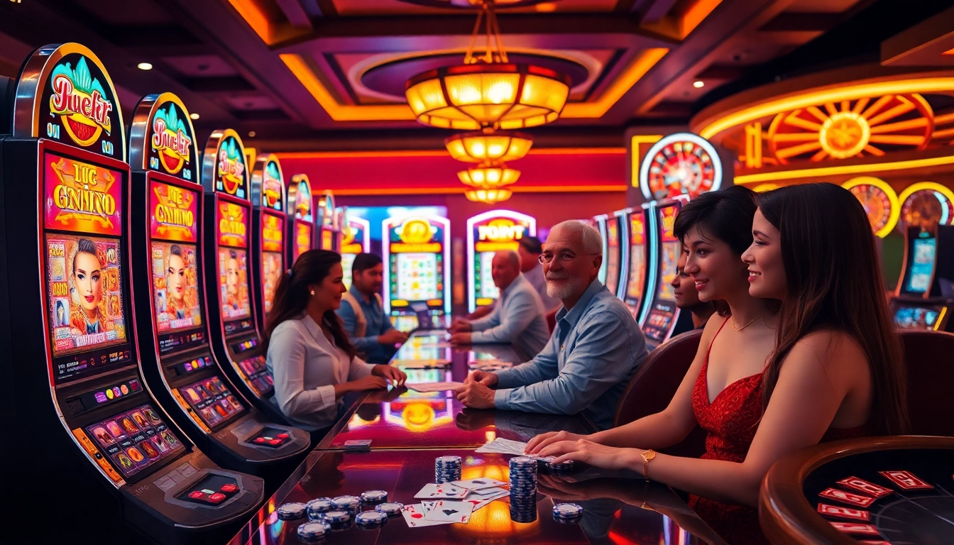 Gamblers spin the reels at vibrant slot online machines, celebrating wins in an upscale casino atmosphere.