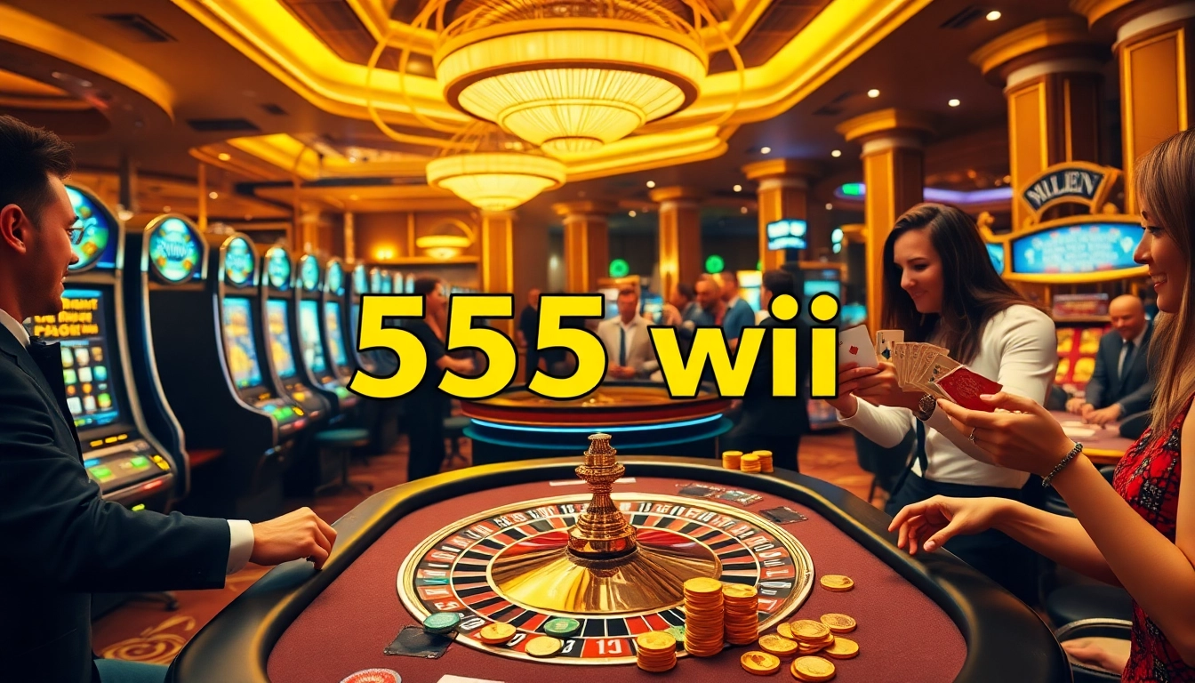 Experience the excitement of winning with 555 win at a vibrant casino scene, featuring lively games and joyful players.