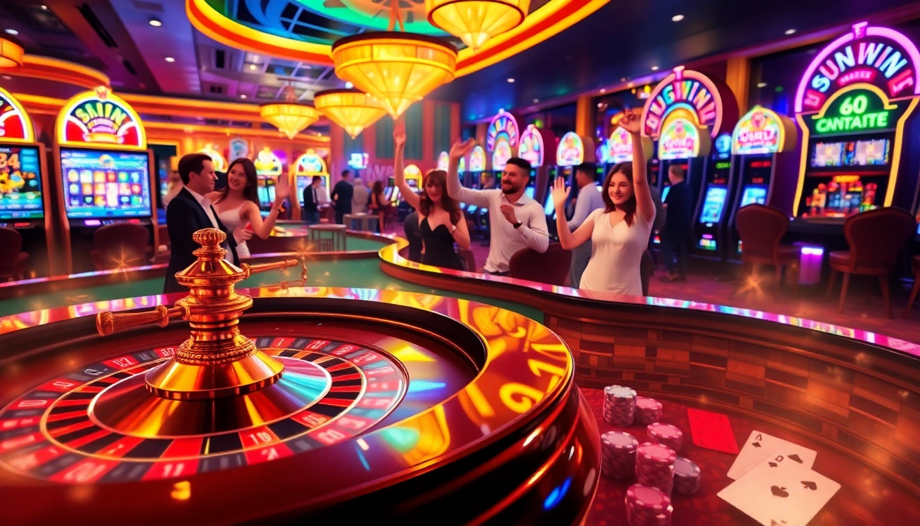 Experience the excitement at Sunwin's vibrant casino with roulette tables and slot machines.