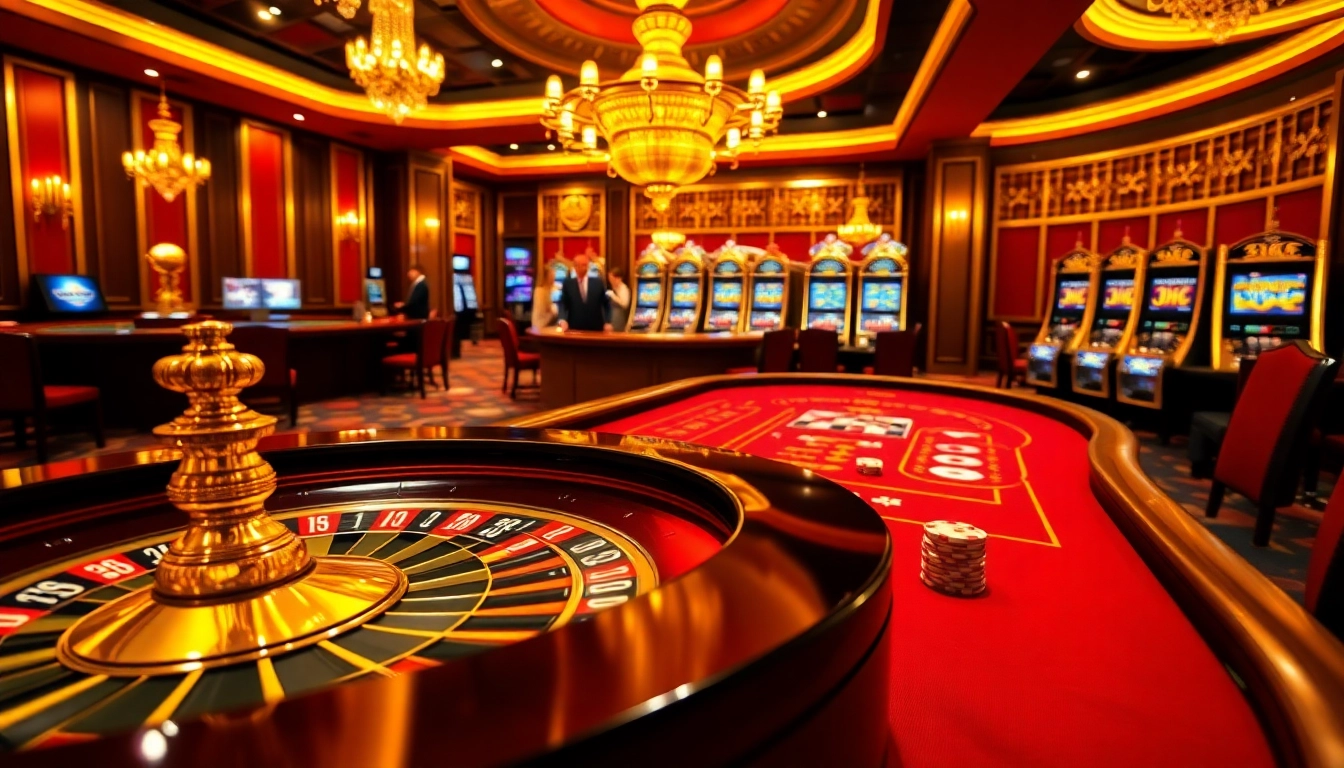 Para pemain yang terlibat menikmati Datukwin Alternatif dalam suasana kasino yang hidup dengan roulette, poker, dan mesin slot.