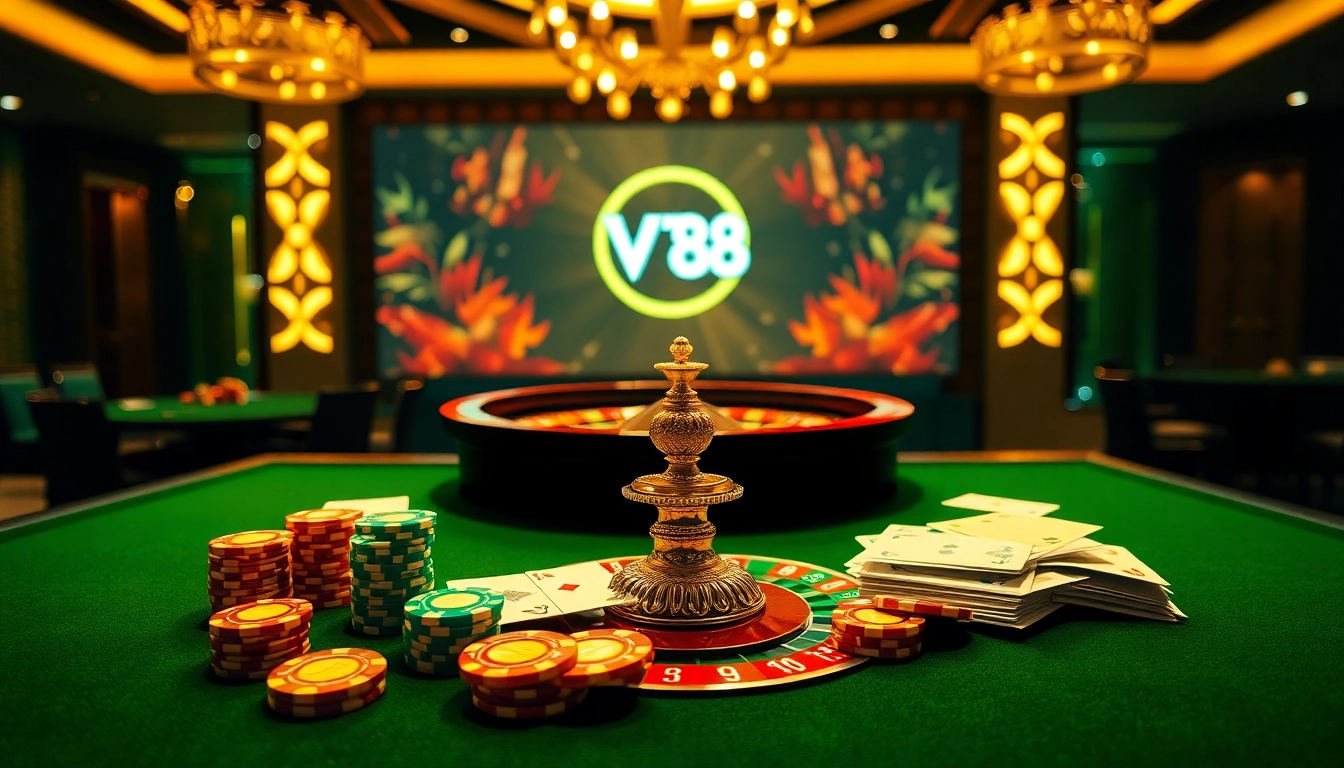 Engaging scene of casino elements highlighting VT 88 with poker chips and roulette wheel.