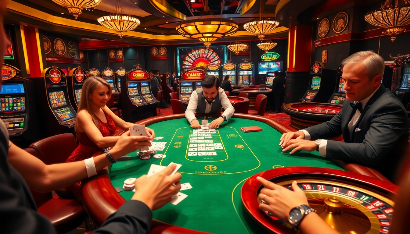 Join the action at Boosterjp with an exciting scene of a casino table game featuring players and vibrant slot machines.