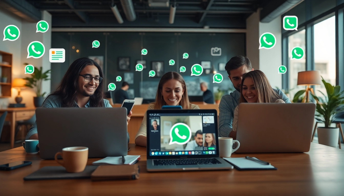 现代工作区，展示 WhatsApp Web 通信功能，展现快连官网。