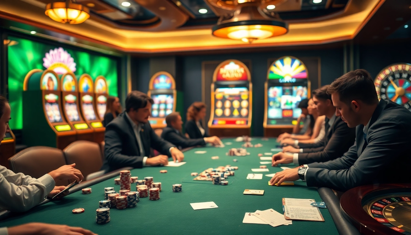 Engaging scene of a professional poker game at https://xx88.day/ showcasing vibrant chips and intense players.