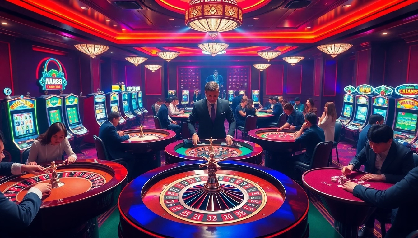 Engaged players enjoying thrilling games at Man88 casino, featuring roulette and poker tables.