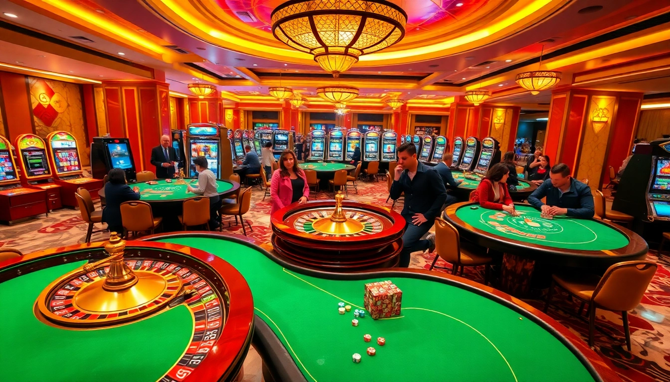 Experience thrilling gaming action at https://dn882.pro/ with vibrant casino tables, roulette wheel, and engaged players.