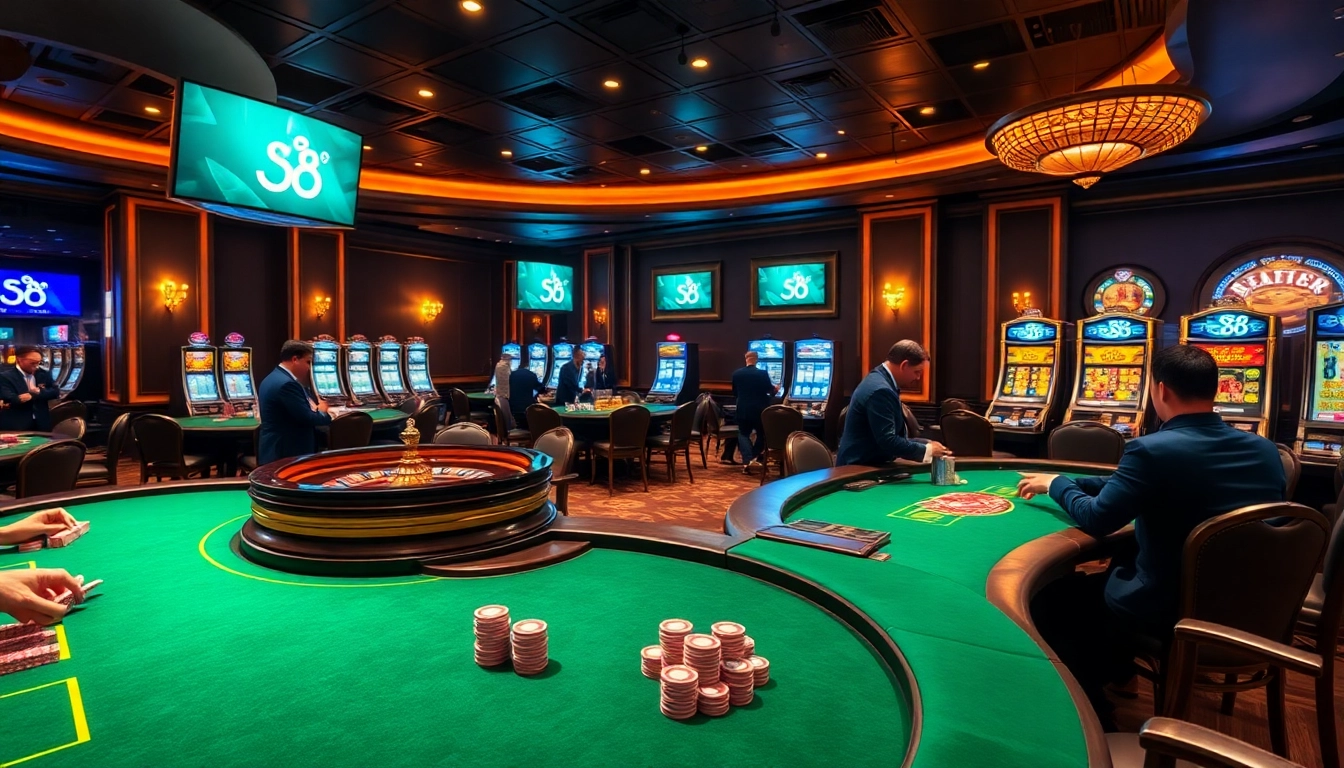Players enjoying games at S8 casino with vibrant slot machines and poker tables.