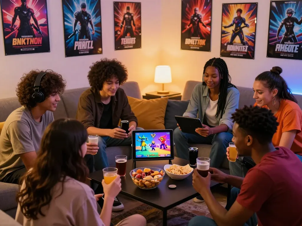 A diverse group enjoying interactive porngames on a tablet in a cozy living room.