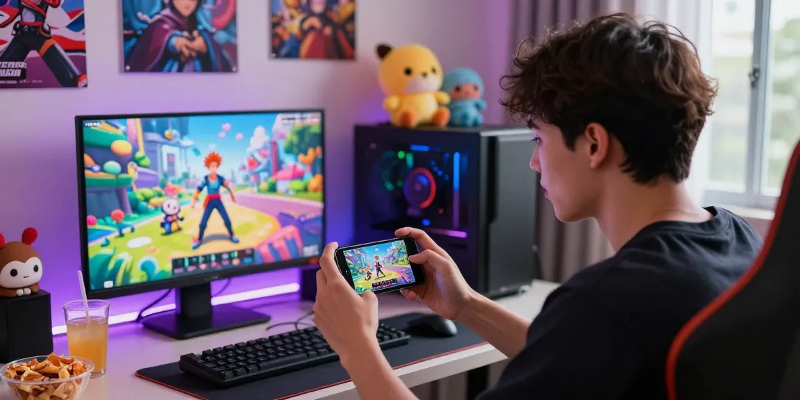 Engaged gamer playing an android hentai game in a colorful gaming setup, showcasing smartphone interaction.