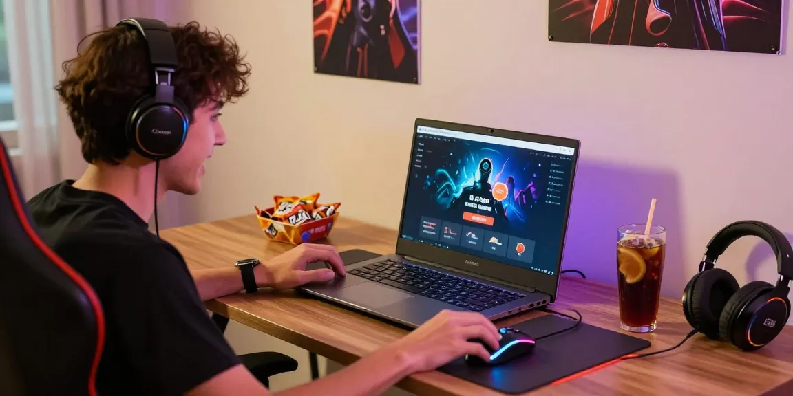 Engaged gamer logging into Raja Game on a modern laptop in a vibrant gaming setup.